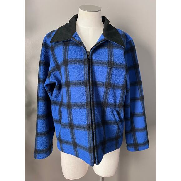 Talbots Womens Vintage Blue Black Plaid Lightweight Fleece Full Zip Jacket Sz M - Picture 1 of 7